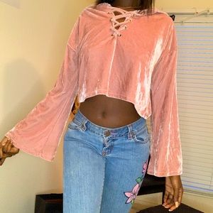 Blush Velvet lace up cropped hoodie